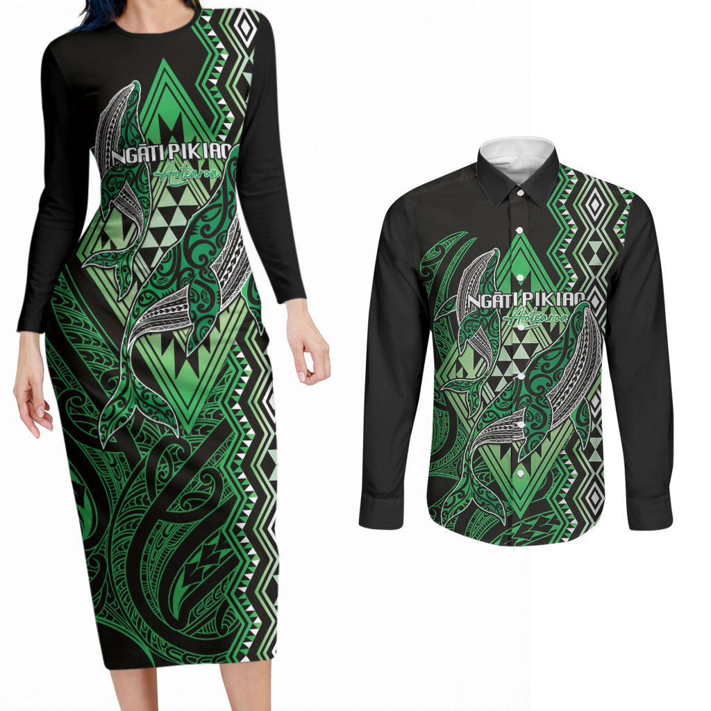 Aotearoa Iwi Ngati Pikiao Personalised Couples Matching Long Sleeve Bodycon Dress and Long Sleeve Button Shirt NZ Maori Humpback Whale Taniko Motifs