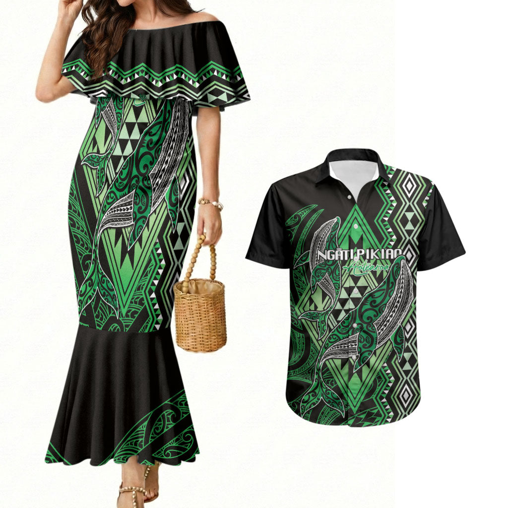 Aotearoa Iwi Ngati Pikiao Personalised Couples Matching Mermaid Dress and Hawaiian Shirt NZ Maori Humpback Whale Taniko Motifs