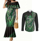 Aotearoa Iwi Ngati Pikiao Personalised Couples Matching Mermaid Dress and Long Sleeve Button Shirt NZ Maori Humpback Whale Taniko Motifs