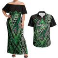 Aotearoa Iwi Ngati Pikiao Personalised Couples Matching Off Shoulder Maxi Dress and Hawaiian Shirt NZ Maori Humpback Whale Taniko Motifs