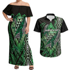 Aotearoa Iwi Ngati Pikiao Personalised Couples Matching Off Shoulder Maxi Dress and Hawaiian Shirt NZ Maori Humpback Whale Taniko Motifs