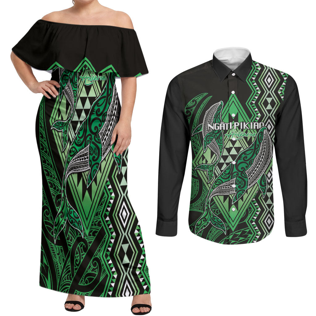 Aotearoa Iwi Ngati Pikiao Personalised Couples Matching Off Shoulder Maxi Dress and Long Sleeve Button Shirt NZ Maori Humpback Whale Taniko Motifs