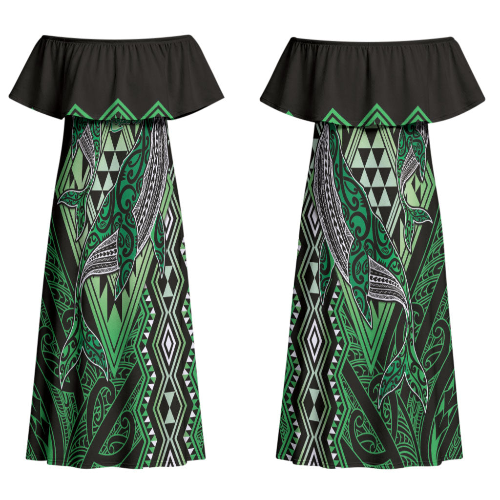 Aotearoa Iwi Ngati Pikiao Personalised Couples Matching Off Shoulder Maxi Dress and Long Sleeve Button Shirt NZ Maori Humpback Whale Taniko Motifs