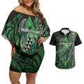 Aotearoa Iwi Ngati Pikiao Personalised Couples Matching Off Shoulder Short Dress and Hawaiian Shirt NZ Maori Humpback Whale Taniko Motifs