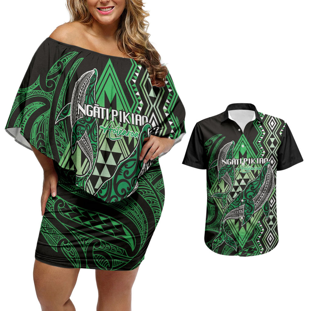 Aotearoa Iwi Ngati Pikiao Personalised Couples Matching Off Shoulder Short Dress and Hawaiian Shirt NZ Maori Humpback Whale Taniko Motifs