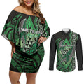 Aotearoa Iwi Ngati Pikiao Personalised Couples Matching Off Shoulder Short Dress and Long Sleeve Button Shirt NZ Maori Humpback Whale Taniko Motifs