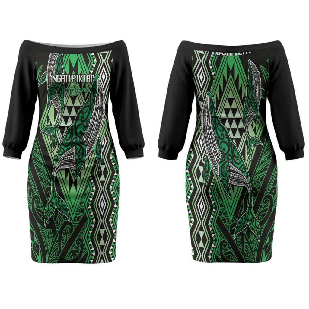 Aotearoa Iwi Ngati Pikiao Personalised Couples Matching Off The Shoulder Long Sleeve Dress and Hawaiian Shirt NZ Maori Humpback Whale Taniko Motifs