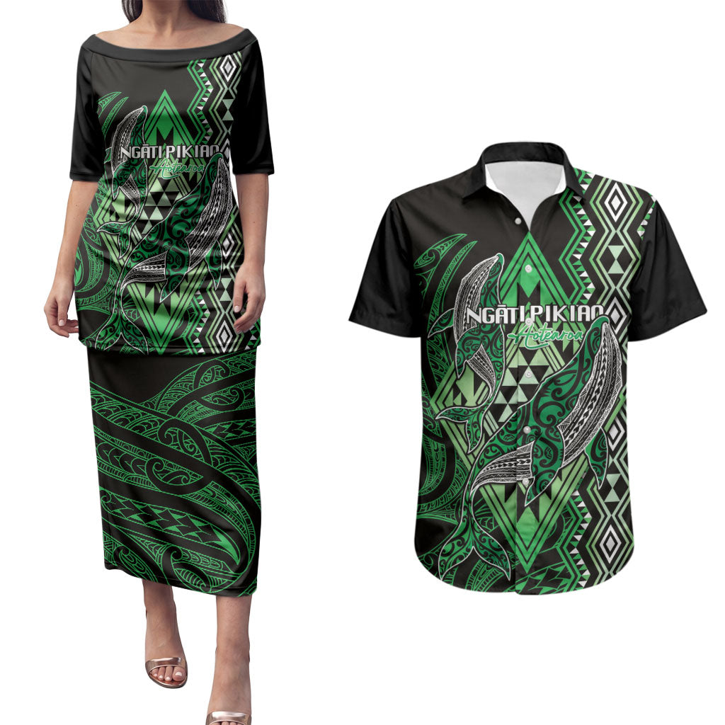 Aotearoa Iwi Ngati Pikiao Personalised Couples Matching Puletasi and Hawaiian Shirt NZ Maori Humpback Whale Taniko Motifs