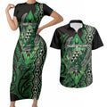 Aotearoa Iwi Ngati Pikiao Personalised Couples Matching Short Sleeve Bodycon Dress and Hawaiian Shirt NZ Maori Humpback Whale Taniko Motifs