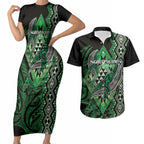 Aotearoa Iwi Ngati Pikiao Personalised Couples Matching Short Sleeve Bodycon Dress and Hawaiian Shirt NZ Maori Humpback Whale Taniko Motifs