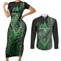 Aotearoa Iwi Ngati Pikiao Personalised Couples Matching Short Sleeve Bodycon Dress and Long Sleeve Button Shirt NZ Maori Humpback Whale Taniko Motifs