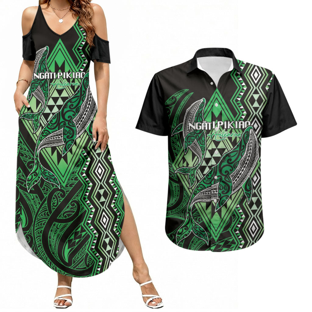 Aotearoa Iwi Ngati Pikiao Personalised Couples Matching Summer Maxi Dress and Hawaiian Shirt NZ Maori Humpback Whale Taniko Motifs