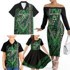Aotearoa Iwi Ngati Pikiao Personalised Family Matching Off The Shoulder Long Sleeve Dress and Hawaiian Shirt NZ Maori Humpback Whale Taniko Motifs