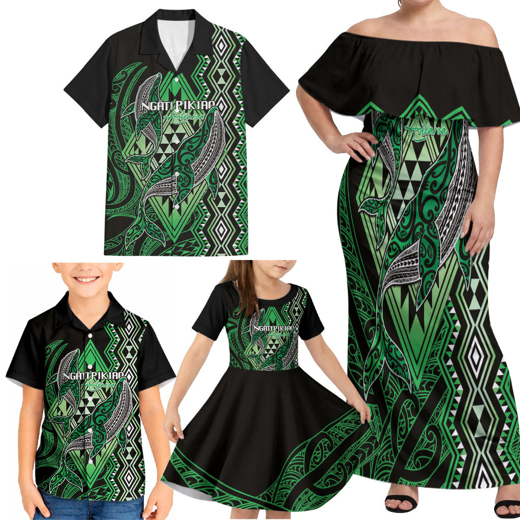 Aotearoa Iwi Ngati Pikiao Personalised Family Matching Off Shoulder Maxi Dress and Hawaiian Shirt NZ Maori Humpback Whale Taniko Motifs