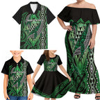 Aotearoa Iwi Ngati Pikiao Personalised Family Matching Off Shoulder Maxi Dress and Hawaiian Shirt NZ Maori Humpback Whale Taniko Motifs