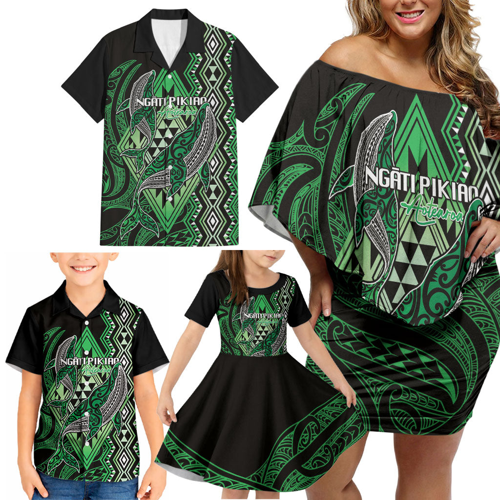 Aotearoa Iwi Ngati Pikiao Personalised Family Matching Off Shoulder Short Dress and Hawaiian Shirt NZ Maori Humpback Whale Taniko Motifs