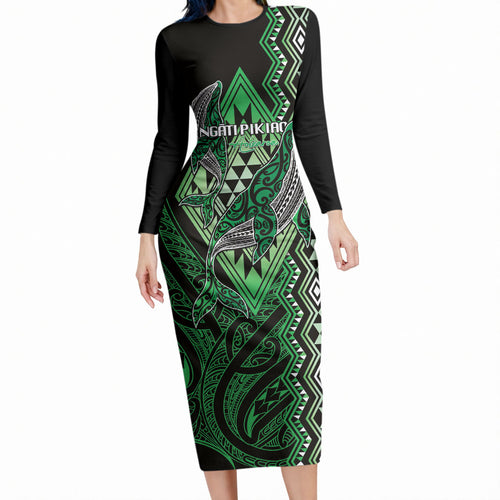 Aotearoa Iwi Ngati Pikiao Personalised Long Sleeve Bodycon Dress NZ Maori Humpback Whale Taniko Motifs