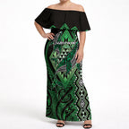 Aotearoa Iwi Ngati Pikiao Personalised Off Shoulder Maxi Dress NZ Maori Humpback Whale Taniko Motifs