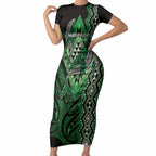 Aotearoa Iwi Ngati Pikiao Personalised Short Sleeve Bodycon Dress NZ Maori Humpback Whale Taniko Motifs