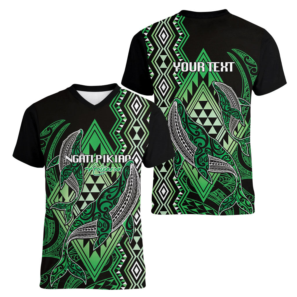 Aotearoa Iwi Ngati Pikiao Personalised Women V-Neck T-Shirt NZ Maori Humpback Whale Taniko Motifs