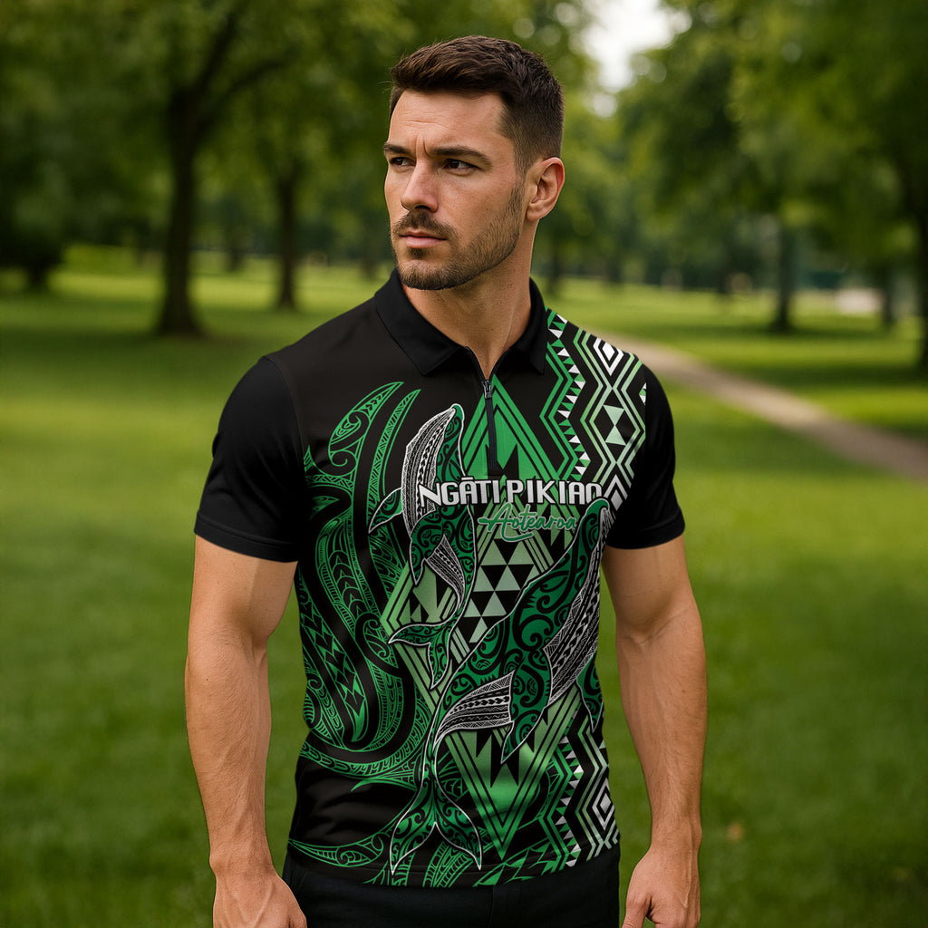 Aotearoa Iwi Ngati Pikiao Personalised Zipper Polo Shirt NZ Maori Humpback Whale Taniko Motifs