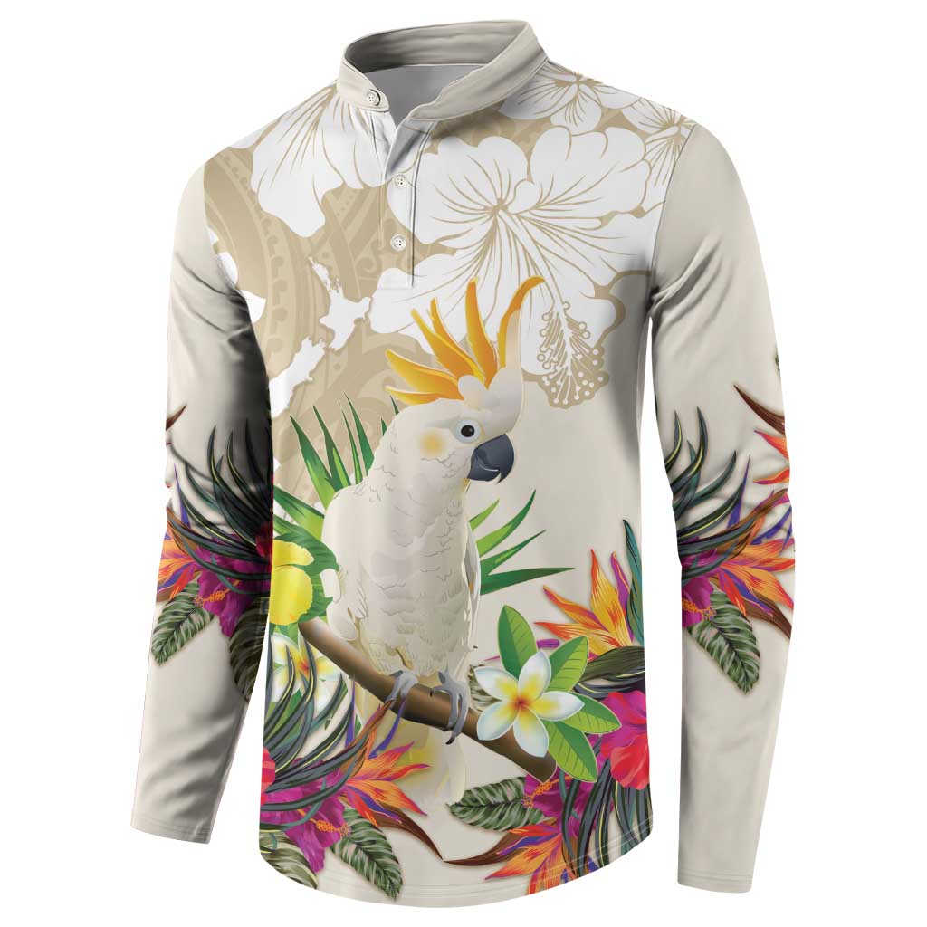 New Zealand Cacatua Galerita Button Sweatshirt Aotearoa Cockatoo Tropical Flowers