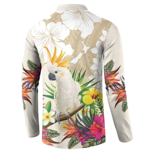 New Zealand Cacatua Galerita Button Sweatshirt Aotearoa Cockatoo Tropical Flowers