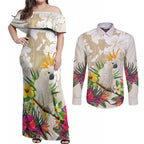 New Zealand Cacatua Galerita Couples Matching Off Shoulder Maxi Dress and Long Sleeve Button Shirt Aotearoa Cockatoo Tropical Flowers