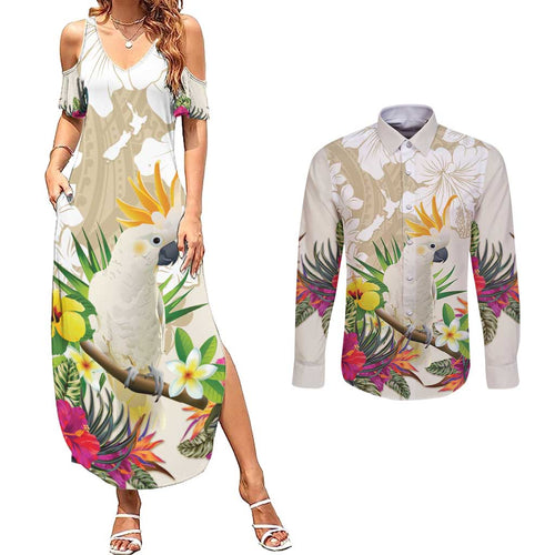New Zealand Cacatua Galerita Couples Matching Summer Maxi Dress and Long Sleeve Button Shirt Aotearoa Cockatoo Tropical Flowers