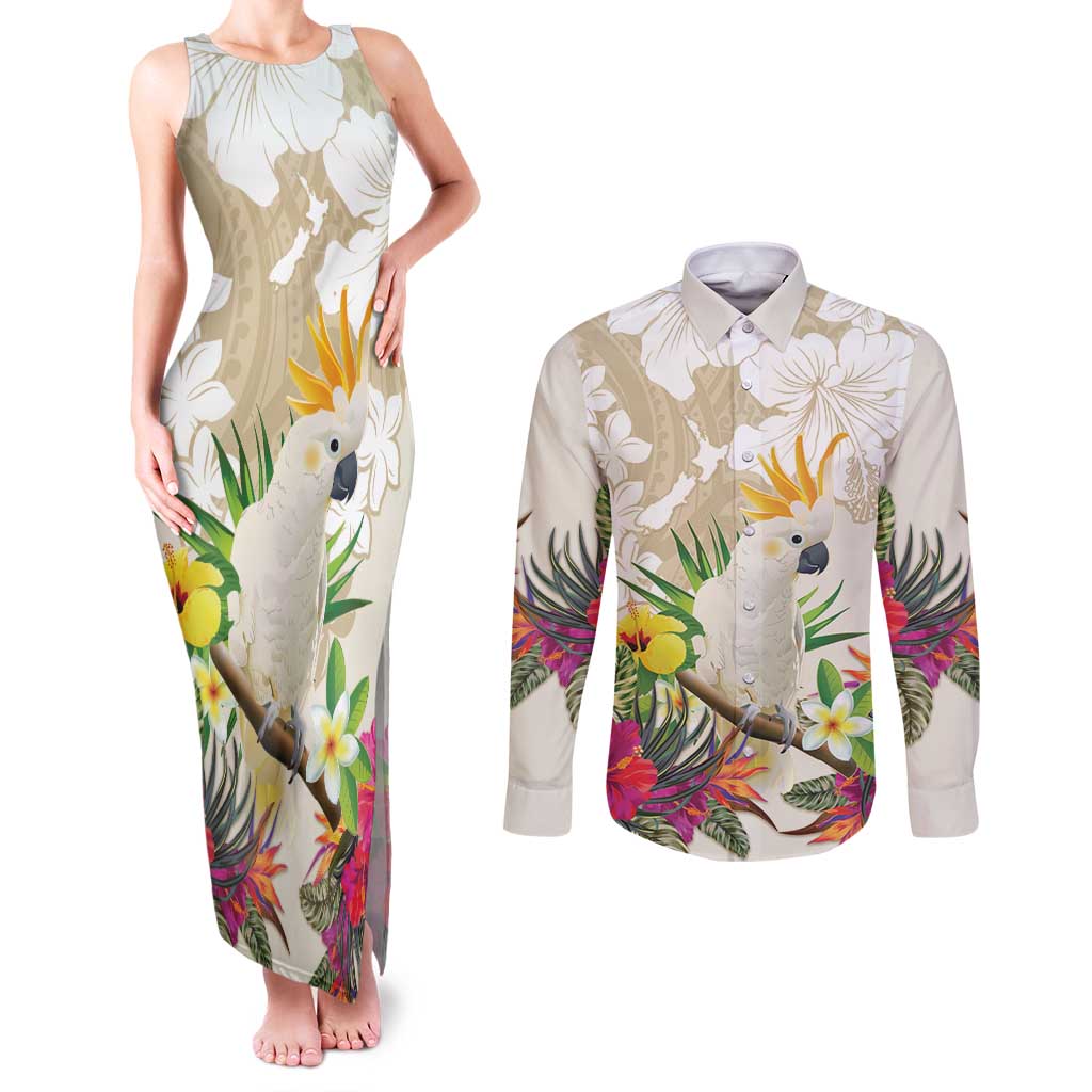New Zealand Cacatua Galerita Couples Matching Tank Maxi Dress and Long Sleeve Button Shirt Aotearoa Cockatoo Tropical Flowers