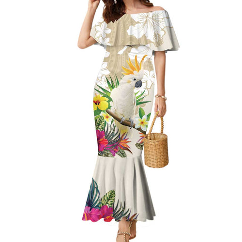 New Zealand Cacatua Galerita Family Matching Mermaid Dress and Hawaiian Shirt Aotearoa Cockatoo Tropical Flowers