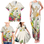 New Zealand Cacatua Galerita Family Matching Tank Maxi Dress and Hawaiian Shirt Aotearoa Cockatoo Tropical Flowers