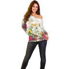 New Zealand Cacatua Galerita Off Shoulder Sweater Aotearoa Cockatoo Tropical Flowers