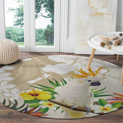 New Zealand Cacatua Galerita Round Carpet Aotearoa Cockatoo Tropical Flowers