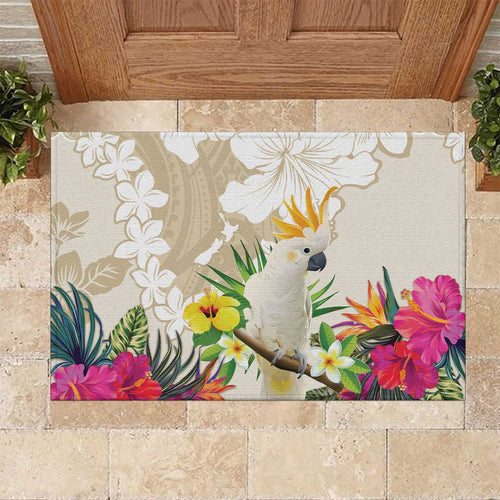 New Zealand Cacatua Galerita Rubber Doormat Aotearoa Cockatoo Tropical Flowers