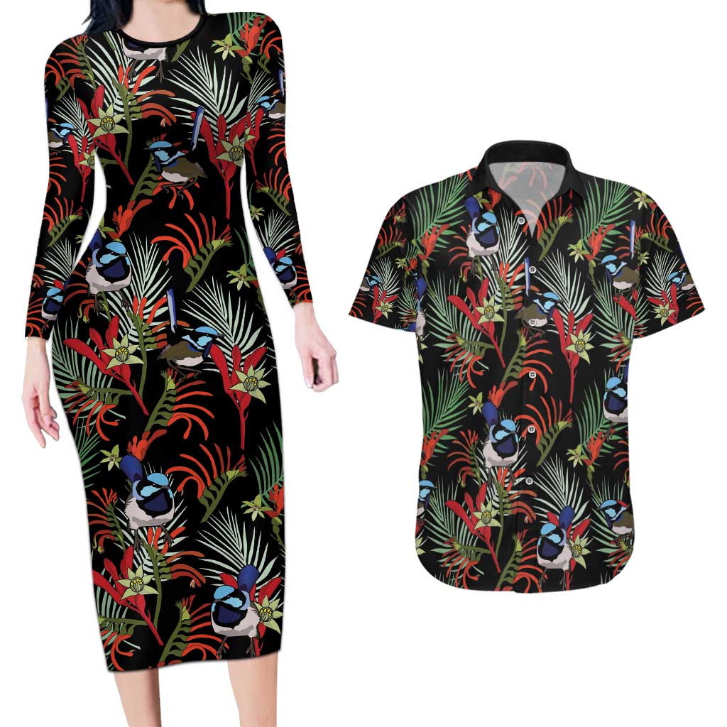 Australia Kangaroo Paw And Splendid Fairy-wren Couples Matching Long Sleeve Bodycon Dress and Hawaiian Shirt Sameless Style