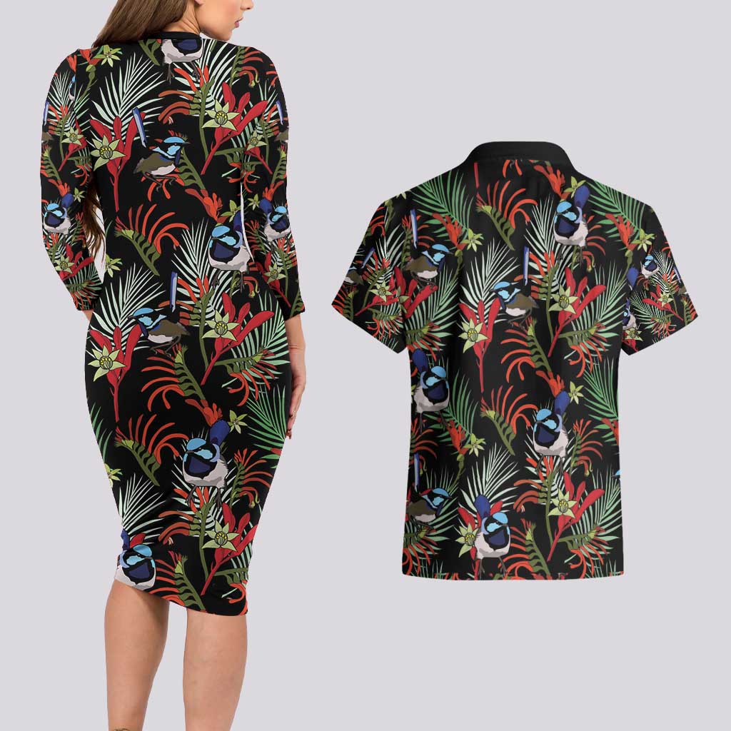 Australia Kangaroo Paw And Splendid Fairy-wren Couples Matching Long Sleeve Bodycon Dress and Hawaiian Shirt Sameless Style