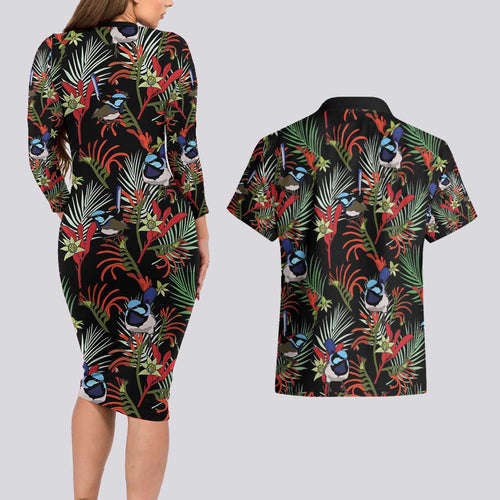 Australia Kangaroo Paw And Splendid Fairy-wren Couples Matching Long Sleeve Bodycon Dress and Hawaiian Shirt Sameless Style