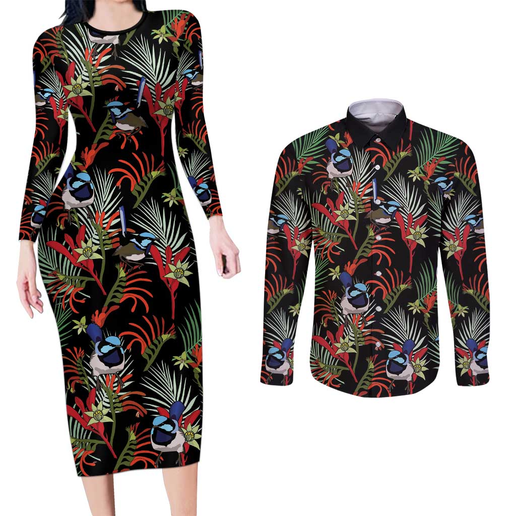 Australia Kangaroo Paw And Splendid Fairy-wren Couples Matching Long Sleeve Bodycon Dress and Long Sleeve Button Shirt Sameless Style