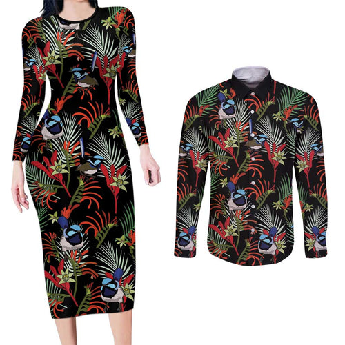 Australia Kangaroo Paw And Splendid Fairy-wren Couples Matching Long Sleeve Bodycon Dress and Long Sleeve Button Shirt Sameless Style