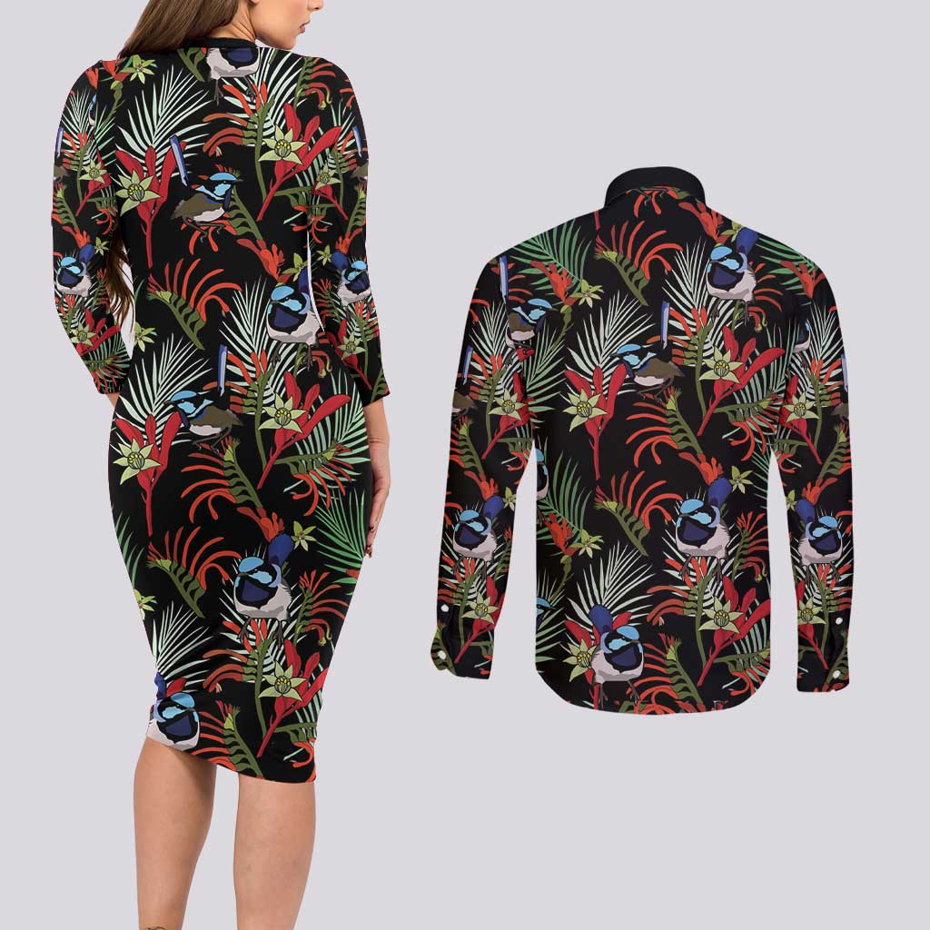 Australia Kangaroo Paw And Splendid Fairy-wren Couples Matching Long Sleeve Bodycon Dress and Long Sleeve Button Shirt Sameless Style