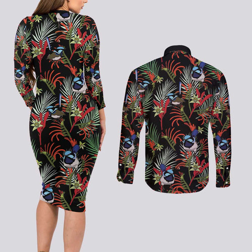 Australia Kangaroo Paw And Splendid Fairy-wren Couples Matching Long Sleeve Bodycon Dress and Long Sleeve Button Shirt Sameless Style