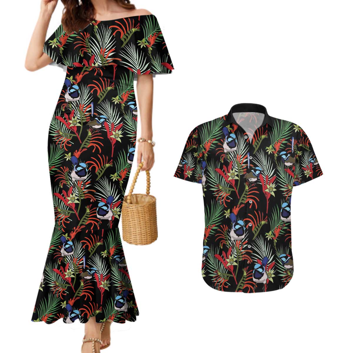 Australia Kangaroo Paw And Splendid Fairy-wren Couples Matching Mermaid Dress and Hawaiian Shirt Sameless Style