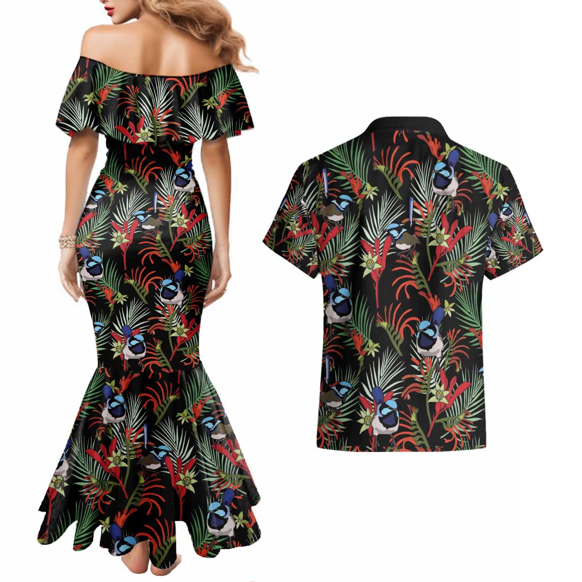 Australia Kangaroo Paw And Splendid Fairy-wren Couples Matching Mermaid Dress and Hawaiian Shirt Sameless Style