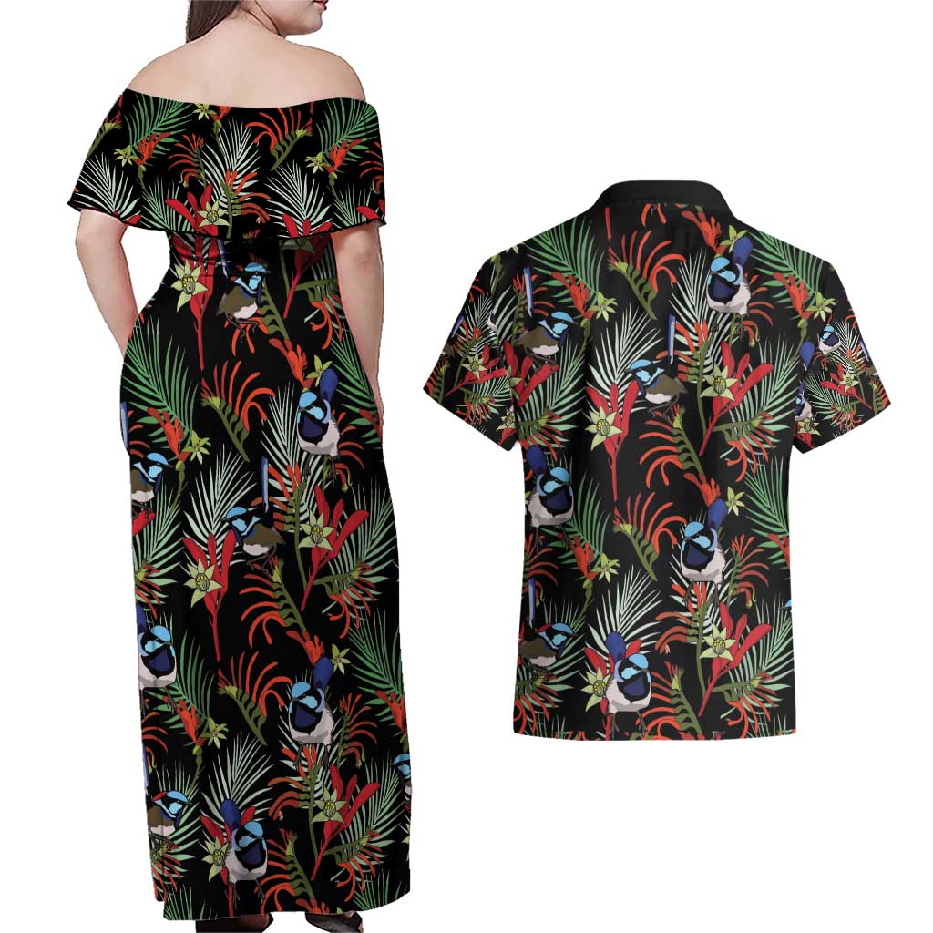 Australia Kangaroo Paw And Splendid Fairy-wren Couples Matching Off Shoulder Maxi Dress and Hawaiian Shirt Sameless Style