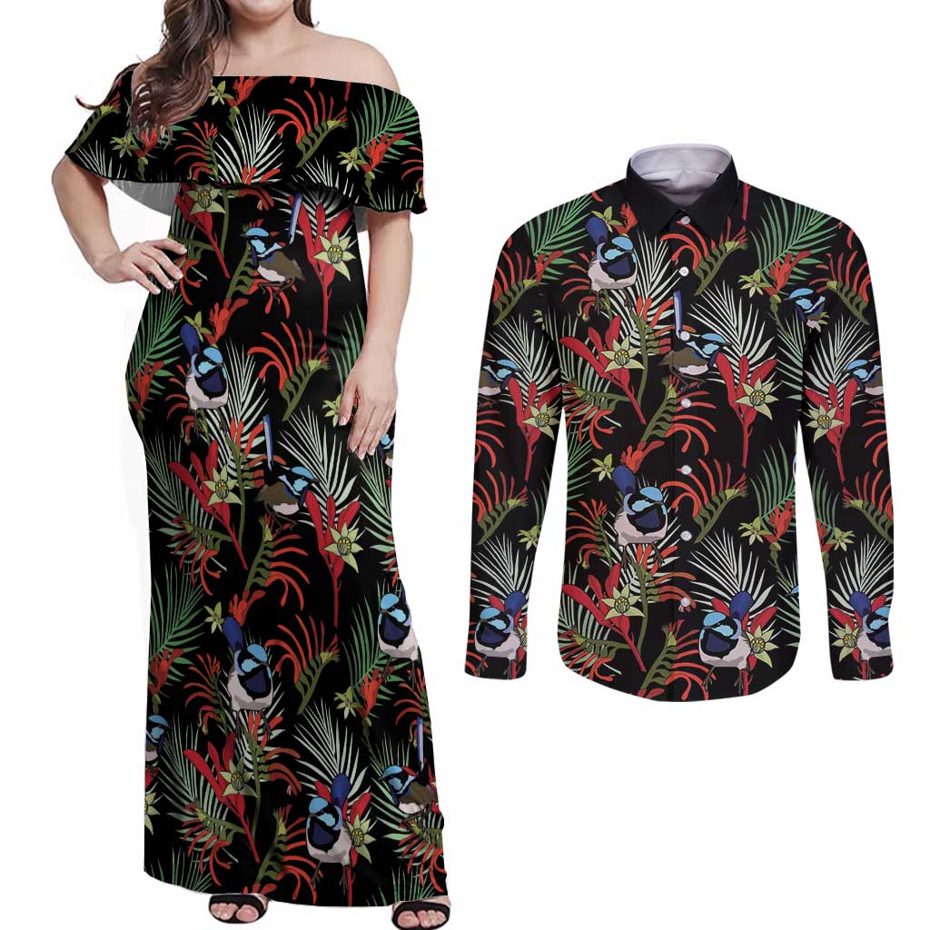 Australia Kangaroo Paw And Splendid Fairy-wren Couples Matching Off Shoulder Maxi Dress and Long Sleeve Button Shirt Sameless Style
