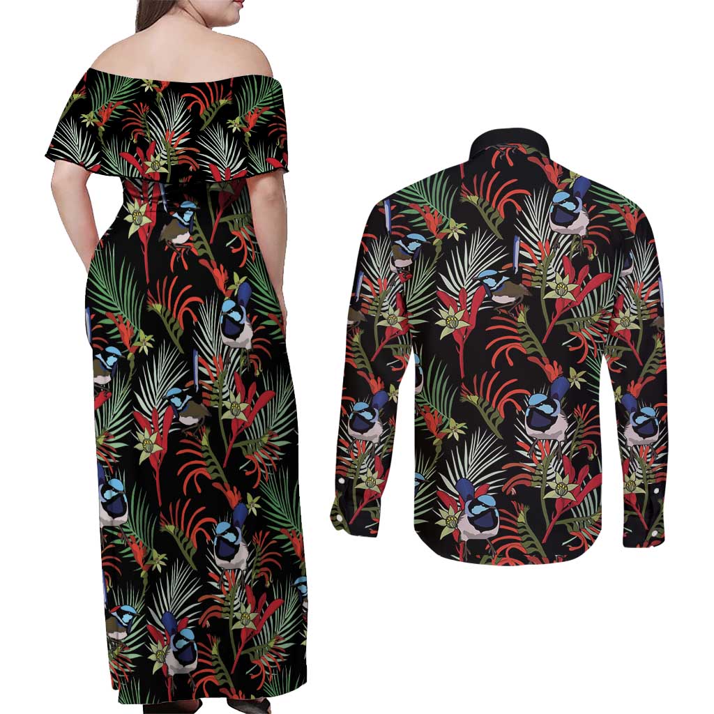 Australia Kangaroo Paw And Splendid Fairy-wren Couples Matching Off Shoulder Maxi Dress and Long Sleeve Button Shirt Sameless Style