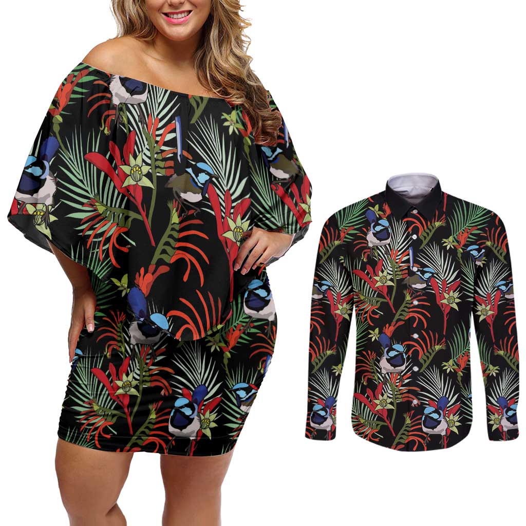 Australia Kangaroo Paw And Splendid Fairy-wren Couples Matching Off Shoulder Short Dress and Long Sleeve Button Shirt Sameless Style