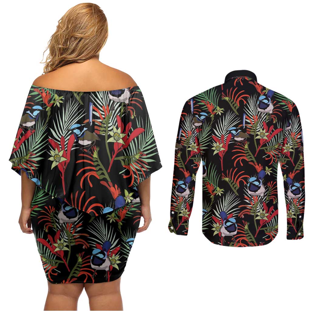 Australia Kangaroo Paw And Splendid Fairy-wren Couples Matching Off Shoulder Short Dress and Long Sleeve Button Shirt Sameless Style