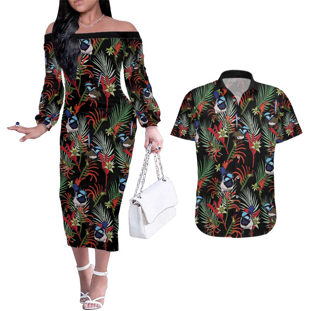 Australia Kangaroo Paw And Splendid Fairy-wren Couples Matching Off The Shoulder Long Sleeve Dress and Hawaiian Shirt Sameless Style